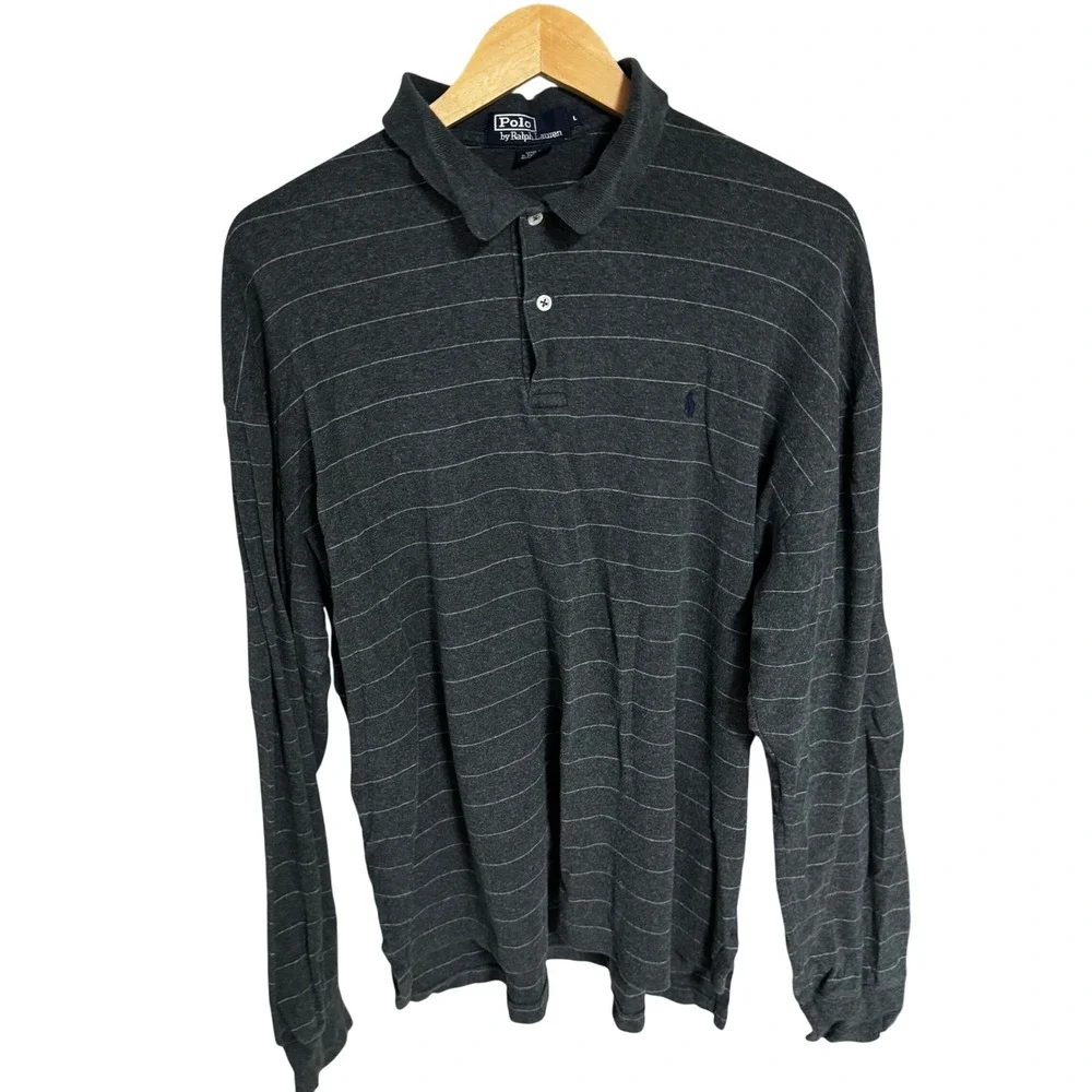 Polo Ralph Lauren Mens Large‎ Grey Striped Long Sleeve Polo Shirt Cotton Jersey